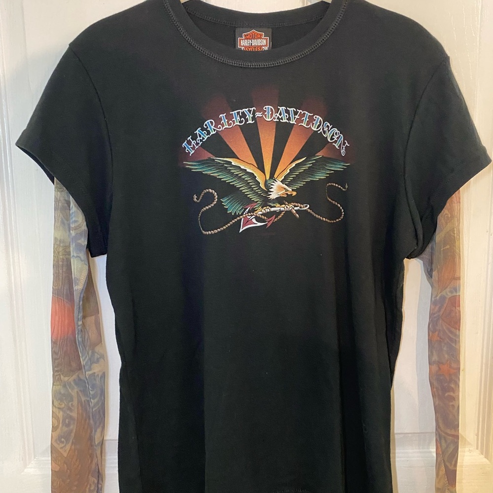 Harley Davidson Black Sheer Graphic Tattoo Sleeve Shirt Women’s Sz XL Durham, NC